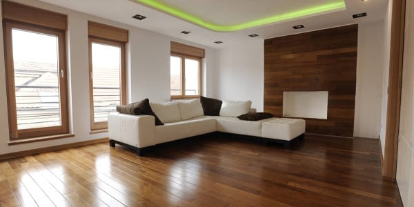 living room with wood floors, fireplace and sofa